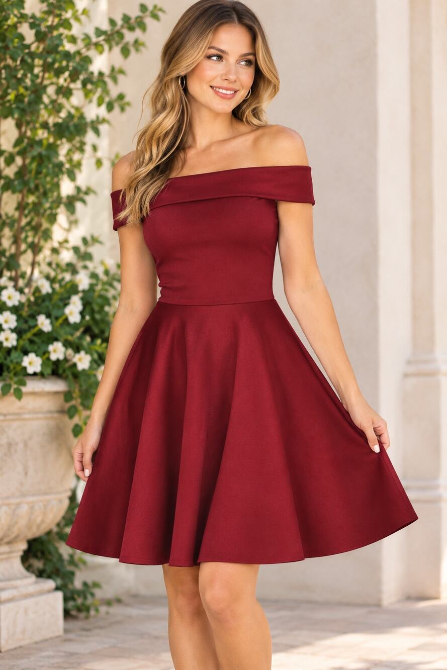 Boohoo Tamsin Off Shoulder Skater Dress Size 10 Burgundy Wine NWT